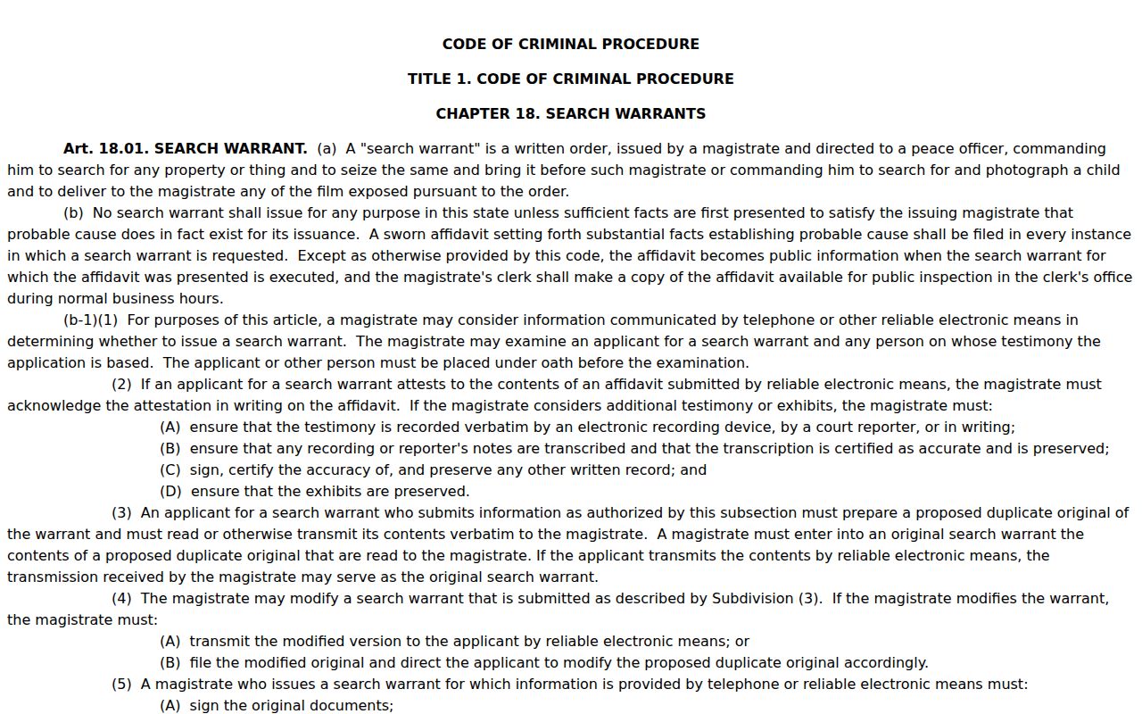 Gray County arrest warrant comparison with Texas search warrant statute