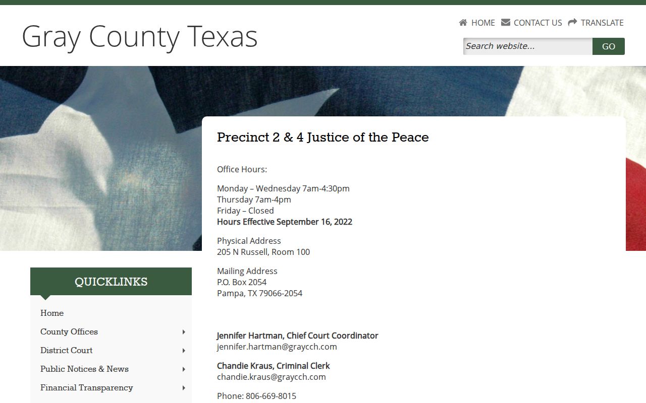 Gray County bench warrant JP Precincts 2 and 4 clerk and hours